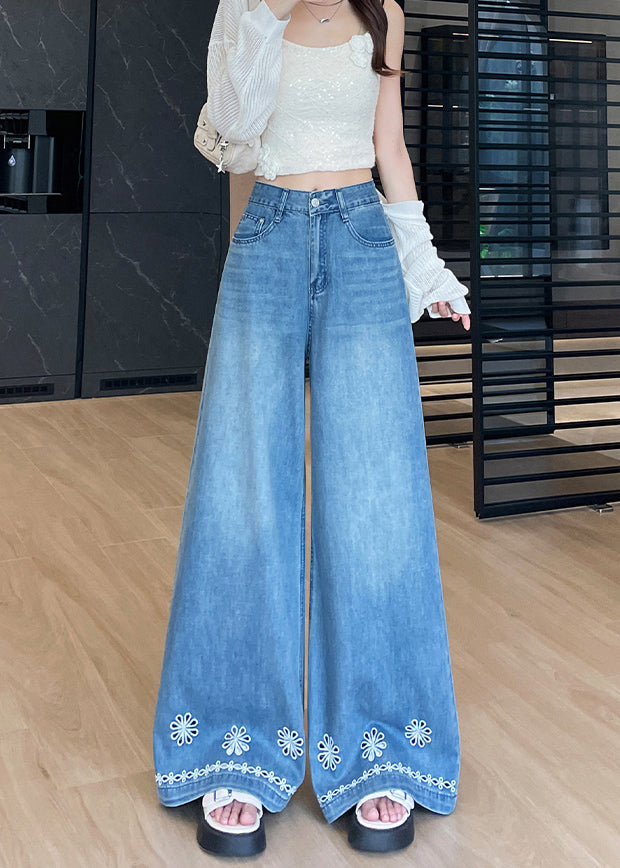 Style Blue Embroidered Hollow Out Denim Straight Pants Fall