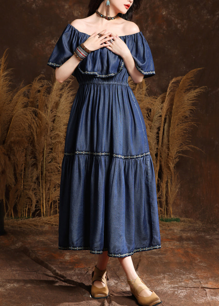 Style Blue Embroidered Patchwork Silk Cotton Long Denim Dresses Short Sleeve