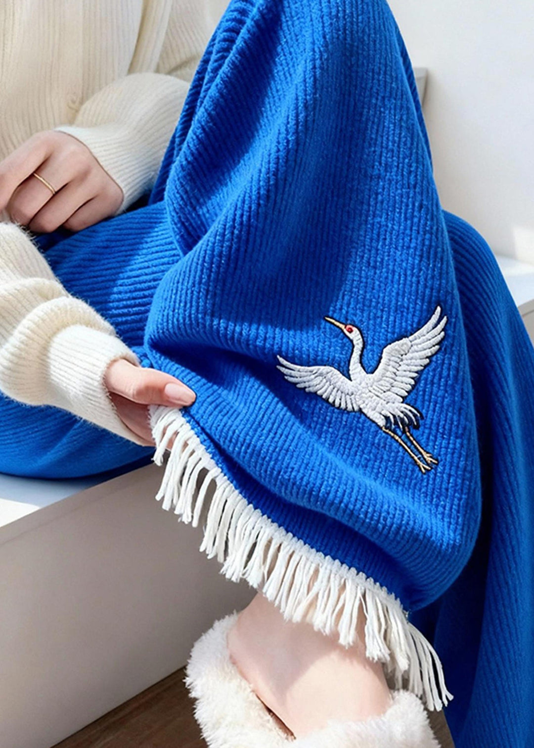 Style Blue Embroidered Tasseled Knit Wide Leg Pants Winter