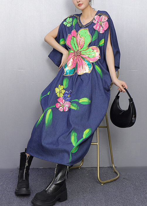 Style Blue Floral Nail Bead Denim Holiday Dress Summer