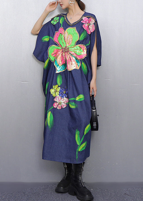 Style Blue Floral Nail Bead Denim Holiday Dress Summer