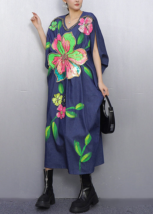 Style Blue Floral Nail Bead Denim Holiday Dress Summer