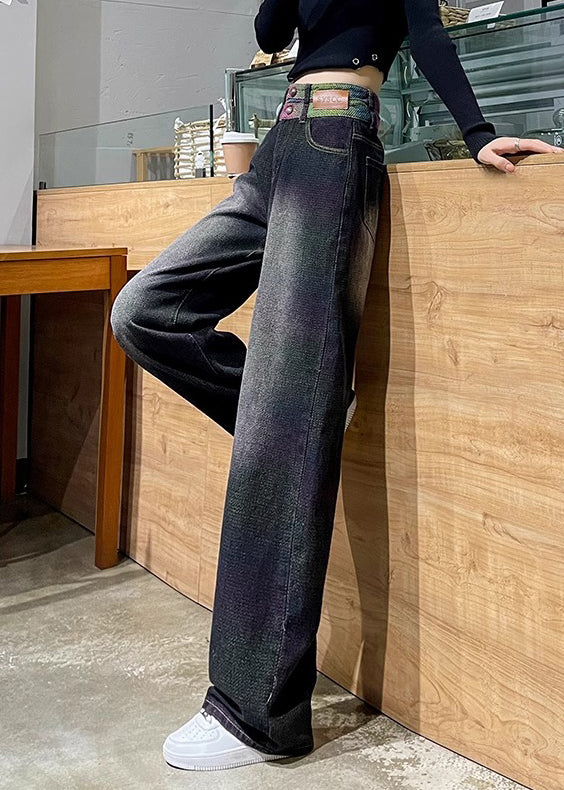 Style Blue High Waist Patchwork Denim Straight Pants Spring