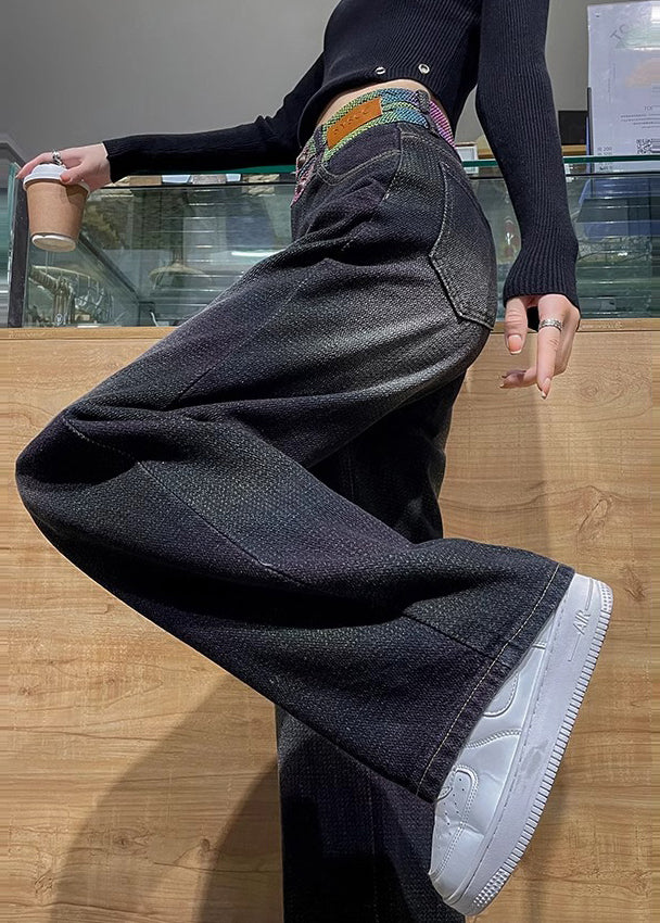 Style Blue High Waist Patchwork Denim Straight Pants Spring