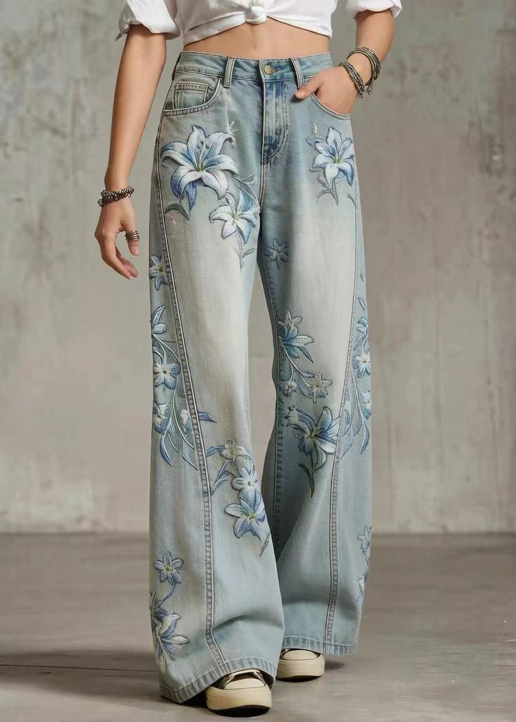 Style Blue High Waist Print Denim Straight Pants Spring