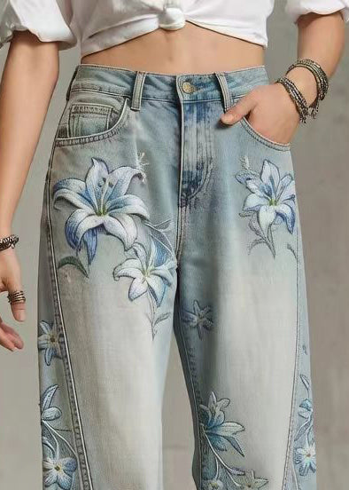 Style Blue High Waist Print Denim Straight Pants Spring