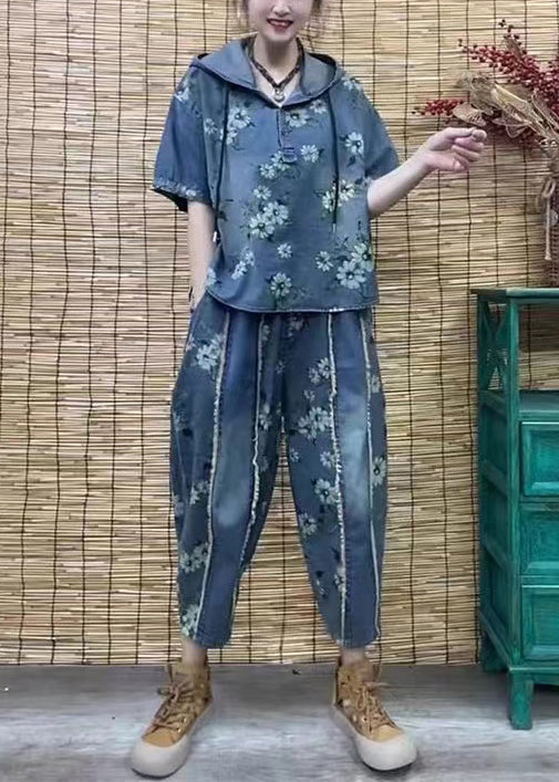 Style Blue Hooded Print Denim Two Pieces Set Summer