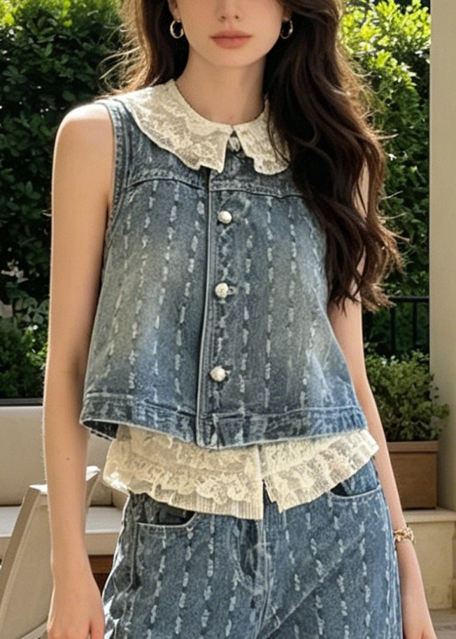 Style Blue Jacquard Patchwork Lace Denim Two Pieces Set Sleeveless