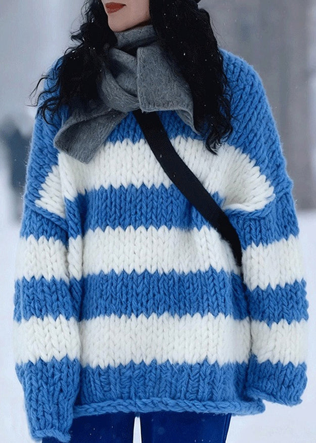 Style Blue O-Neck Cozy Striped Cotton Knit Sweater Long Sleeve