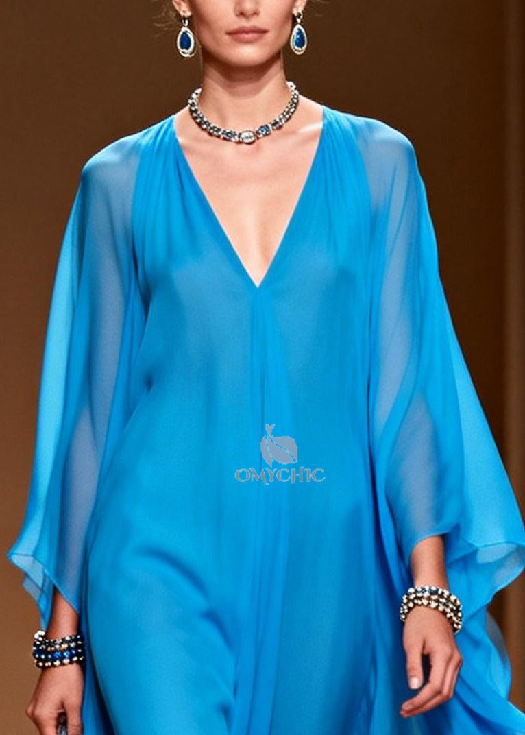 Style Blue Oversized Draping Chiffon Maxi Dress Summer