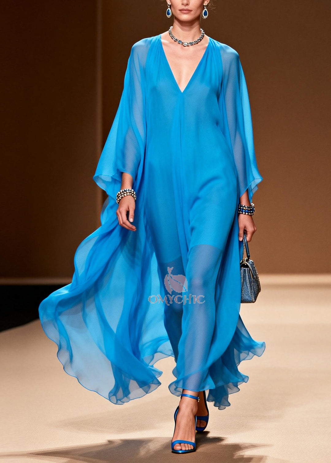 Style Blue Oversized Draping Chiffon Maxi Dress Summer