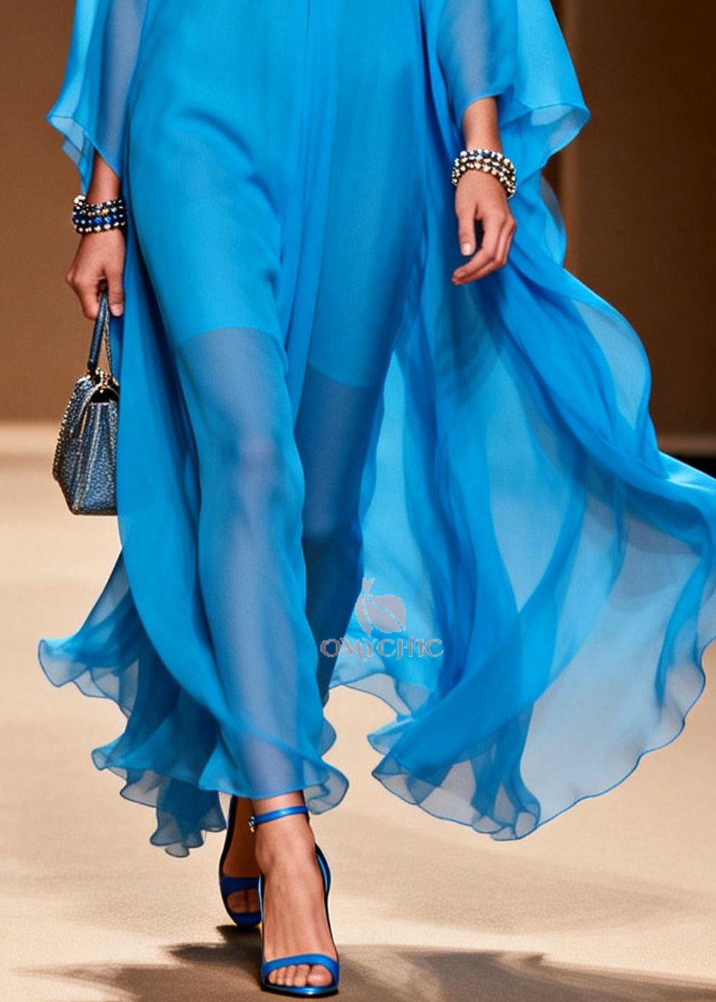 Style Blue Oversized Draping Chiffon Maxi Dress Summer