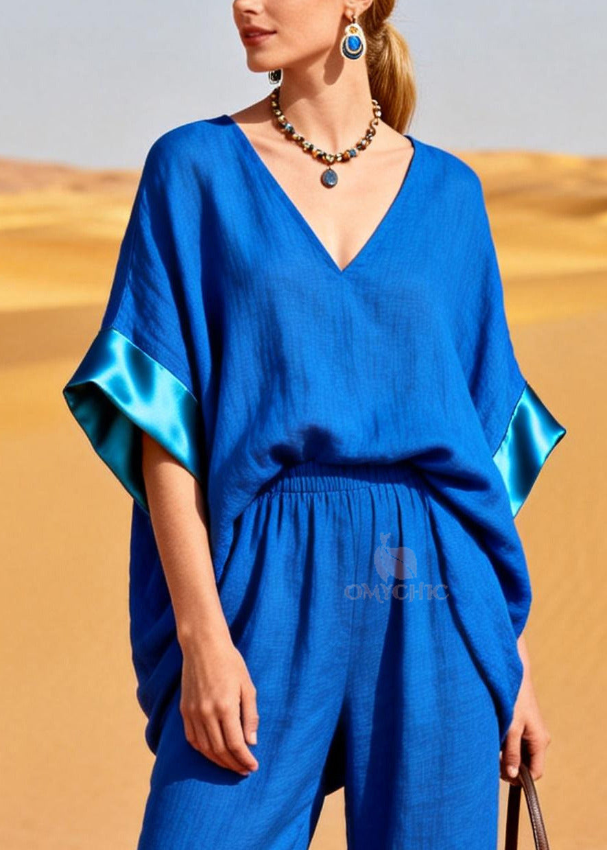 Style Blue Oversized Patchwork Cotton Two Piece Set Summer