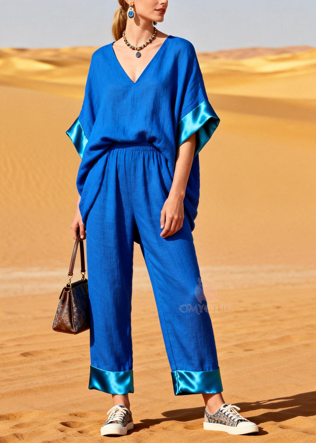 Style Blue Oversized Patchwork Cotton Two Piece Set Summer