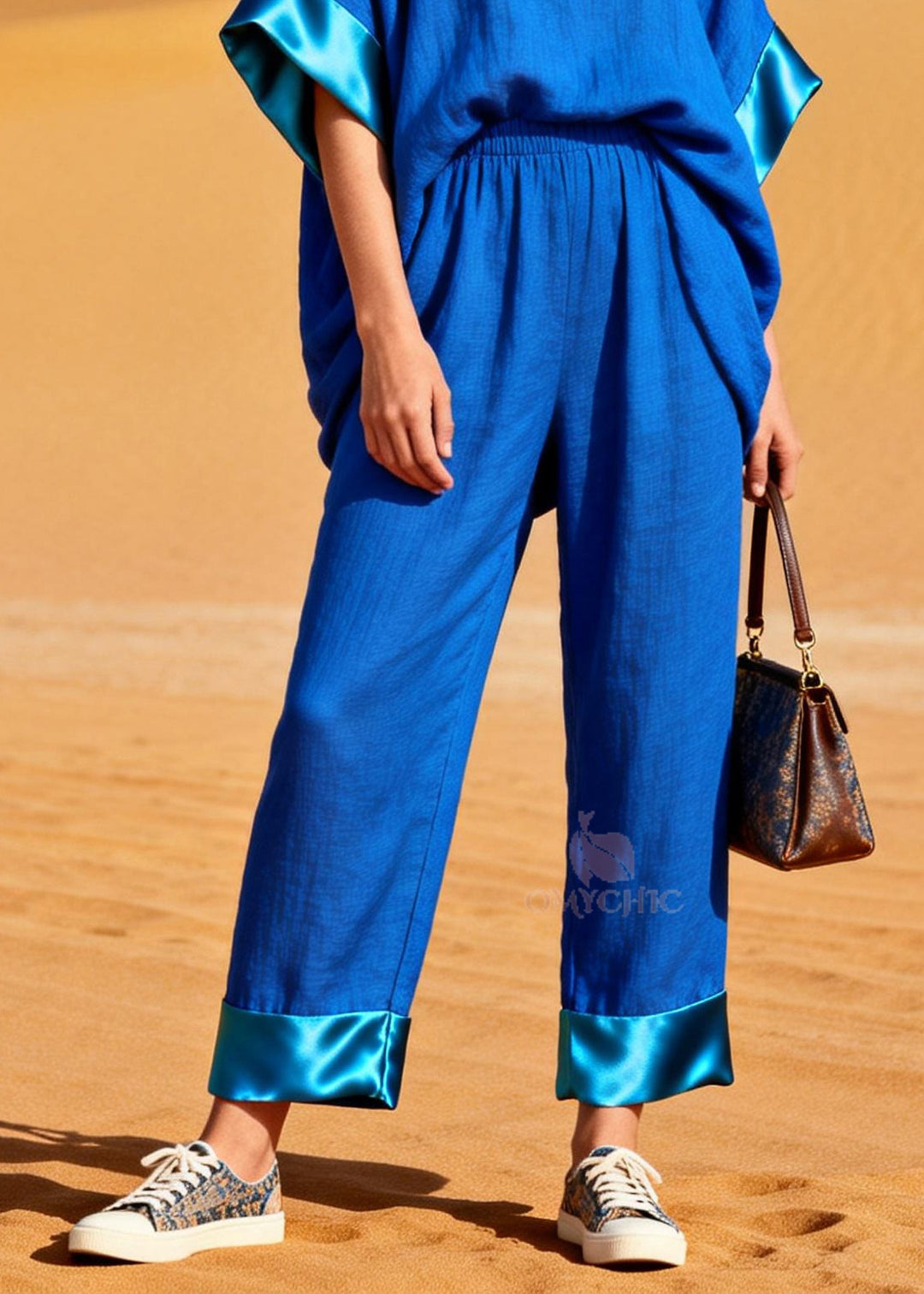 Style Blue Oversized Patchwork Cotton Two Piece Set Summer