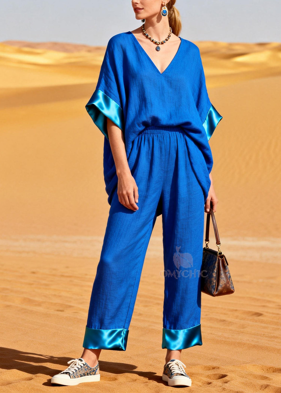 Style Blue Oversized Patchwork Cotton Two Piece Set Summer