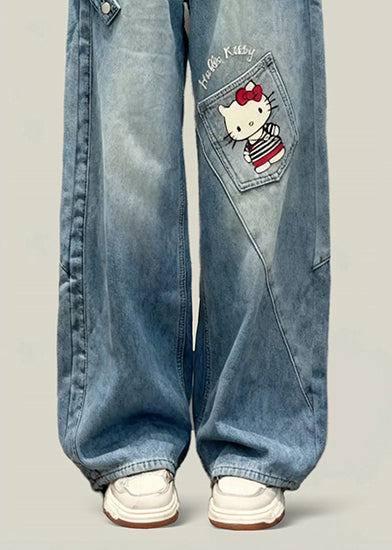 Style Blue Patchwork Kitty Cat Denim Straight Pants Spring