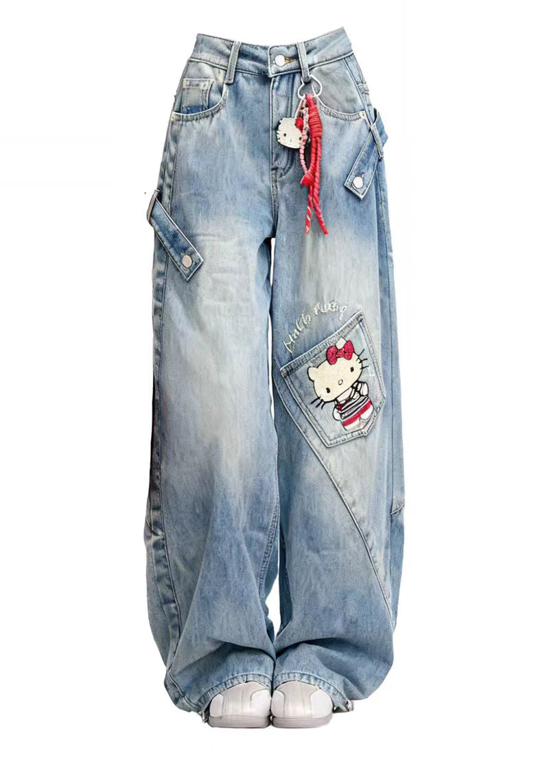 Style Blue Patchwork Kitty Cat Denim Straight Pants Spring