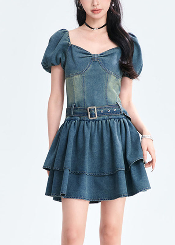 Style Blue Patchwork Sashes Denim Mid Dress Summer