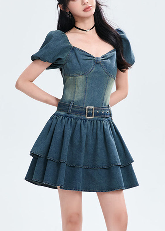 Style Blue Patchwork Sashes Denim Mid Dress Summer