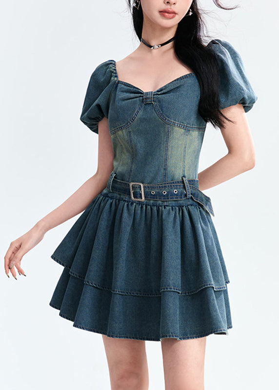 Style Blue Patchwork Sashes Denim Mid Dress Summer