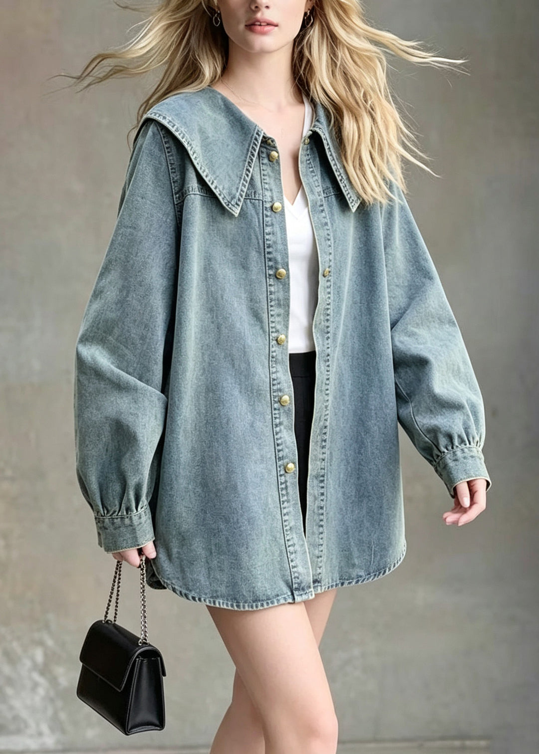 Style Blue Peter Pan Collar Patchwork Denim Shirts Coats Fall