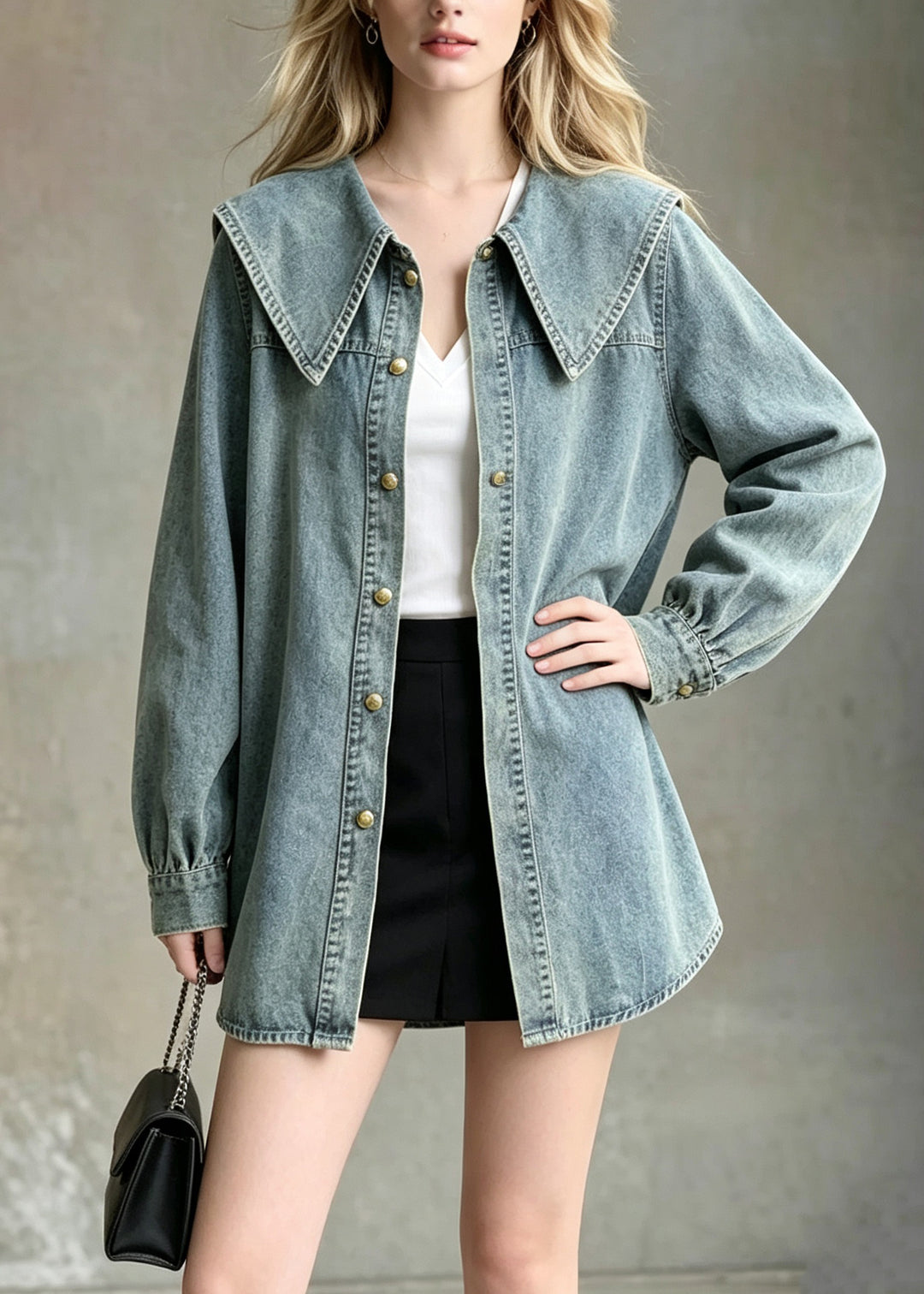 Style Blue Peter Pan Collar Patchwork Denim Shirts Coats Fall
