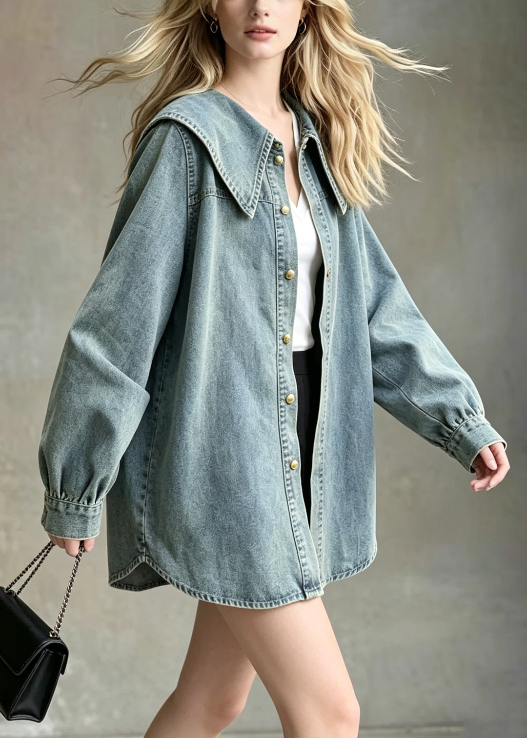 Style Blue Peter Pan Collar Patchwork Denim Shirts Coats Fall