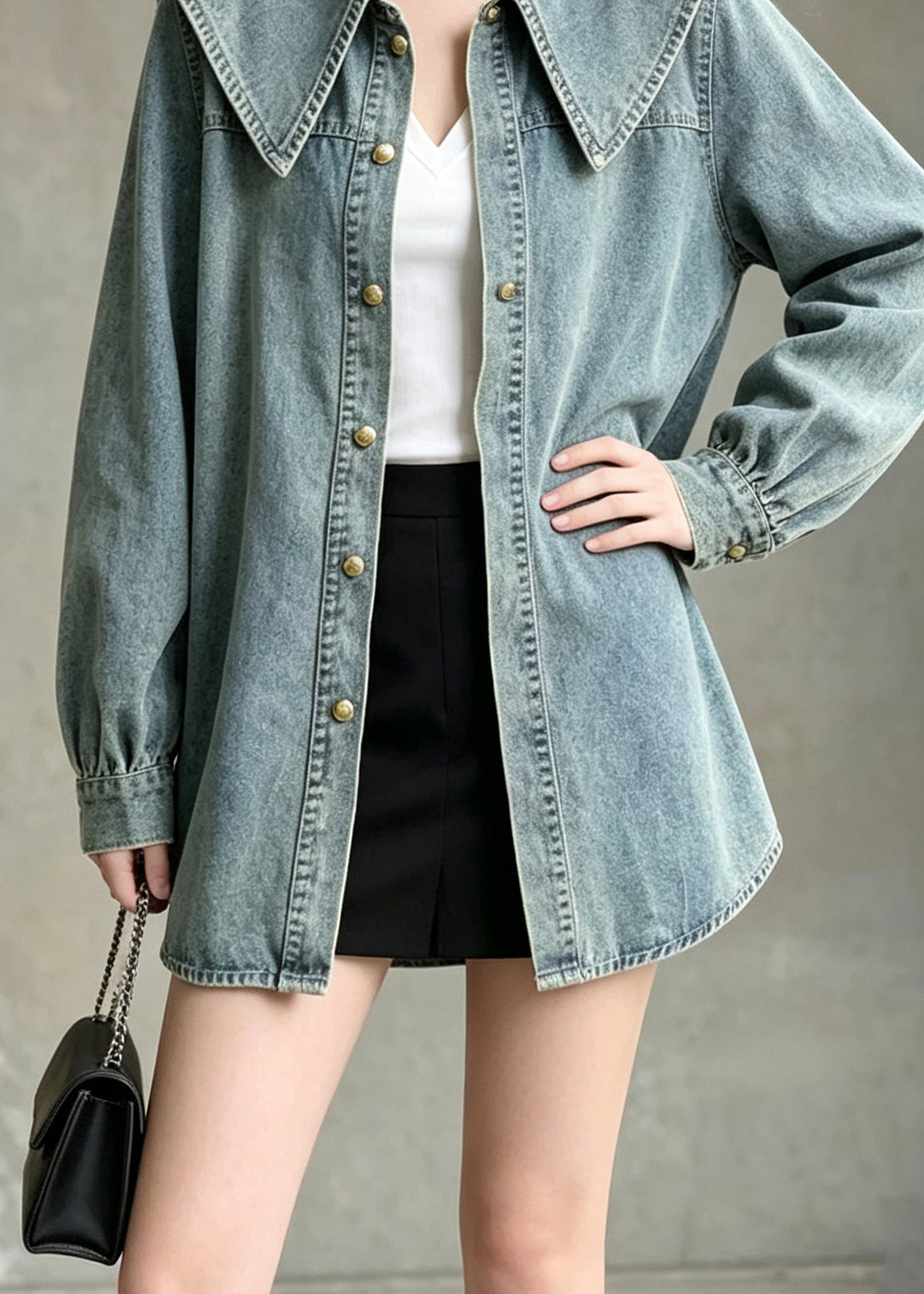 Style Blue Peter Pan Collar Patchwork Denim Shirts Coats Fall