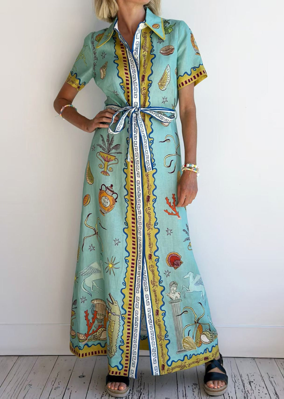 Style Blue Peter Pan Collar Print Lace Up Cotton Shirts Dress Summer
