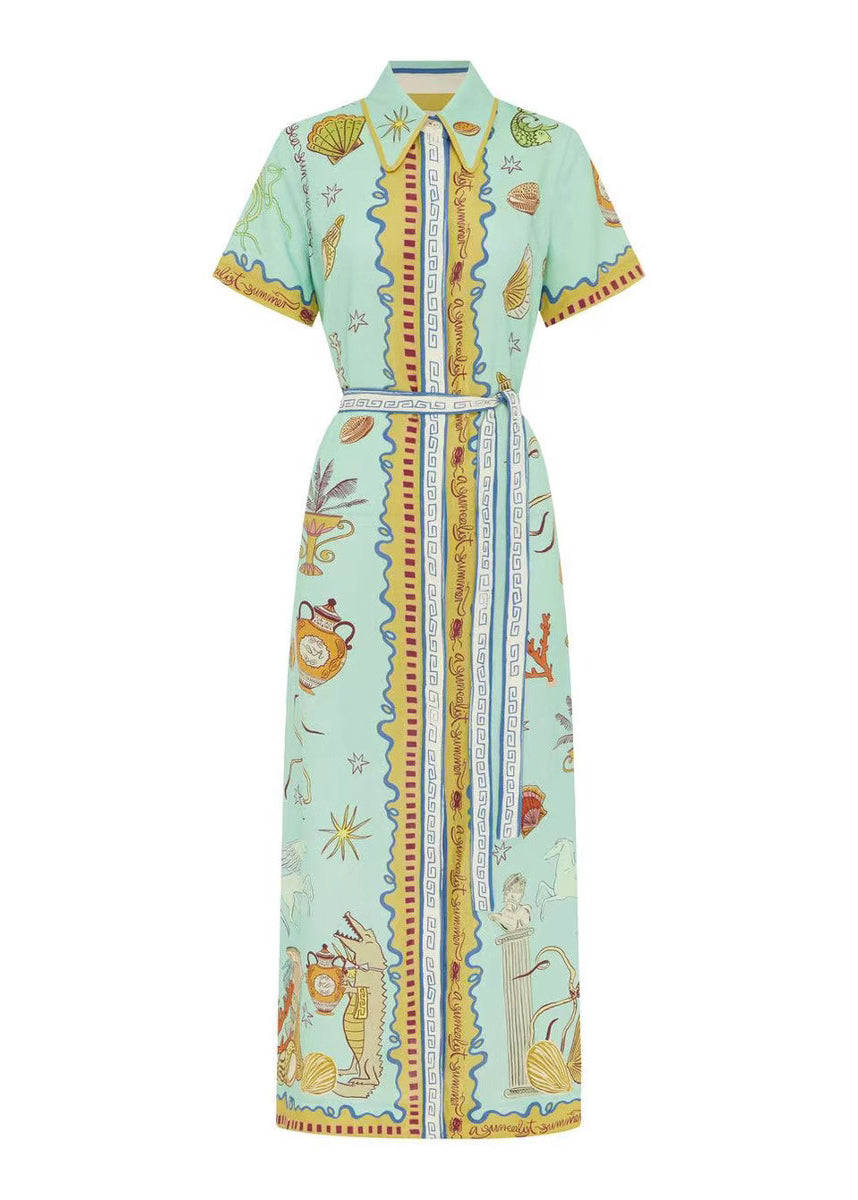 Style Blue Peter Pan Collar Print Lace Up Cotton Shirts Dress Summer