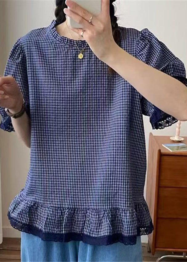 Style Blue Plaid Patchwork Lace Top Summer