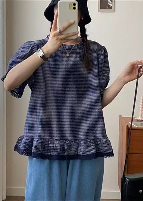 Style Blue Plaid Patchwork Lace Top Summer