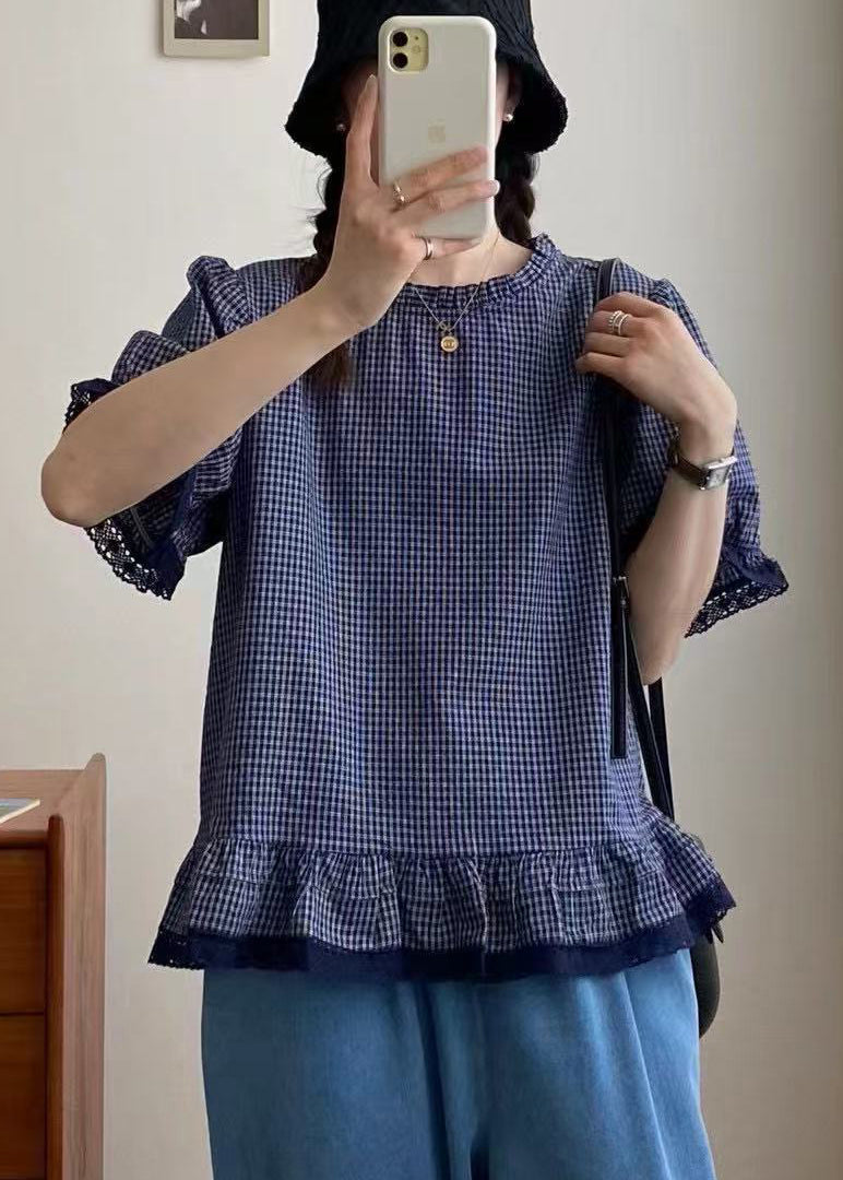 Style Blue Plaid Patchwork Lace Top Summer
