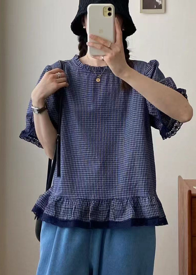 Style Blue Plaid Patchwork Lace Top Summer