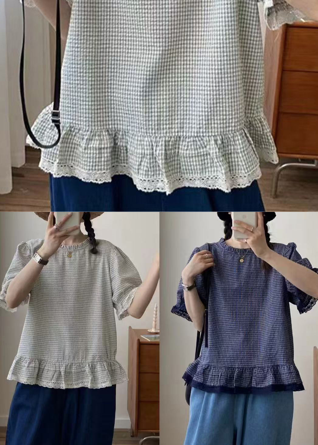 Style Blue Plaid Patchwork Lace Top Summer