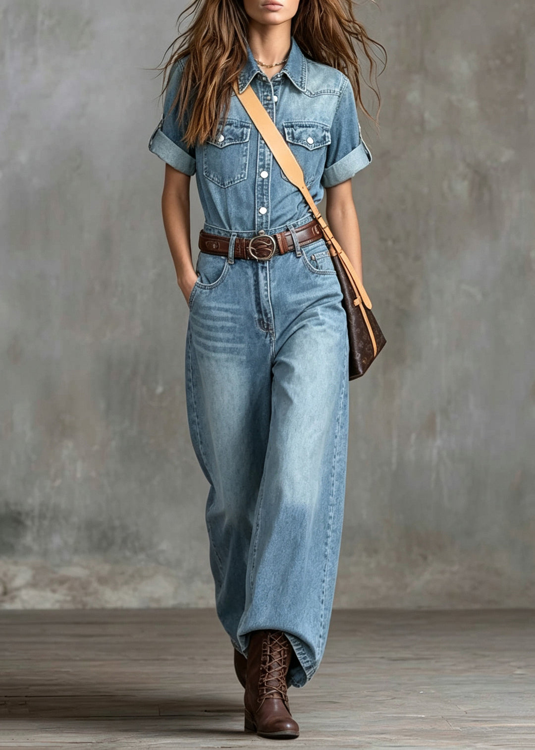 Style Blue Pockets Denim Overalls Jumpsuit Fall