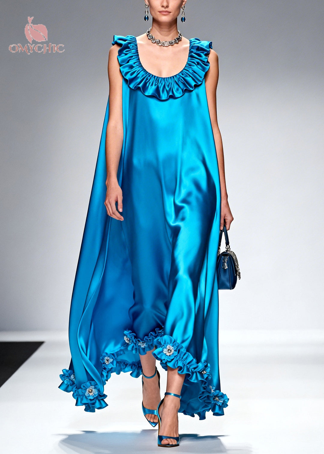 Style Blue Ruffled Floral Silk Robe Dresses Sleeveless
