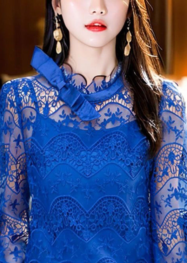 Style Blue Ruffled Hollow Out Lace Shirt Lantern Sleeve