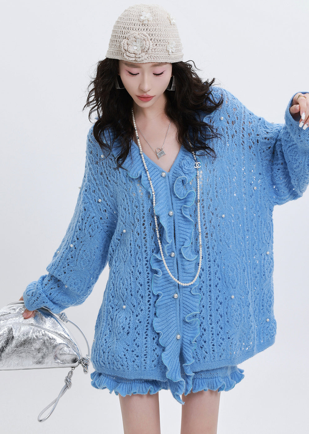 Style Blue Ruffled Nail Bead Hollow Out Knit Two Pieces Set Spring