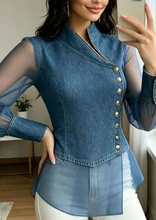 Style Blue Stand Collar Tulle Patchwork Denim Blouse Top Summer