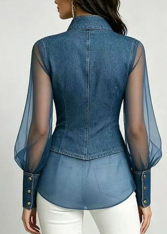 Style Blue Stand Collar Tulle Patchwork Denim Blouse Top Summer