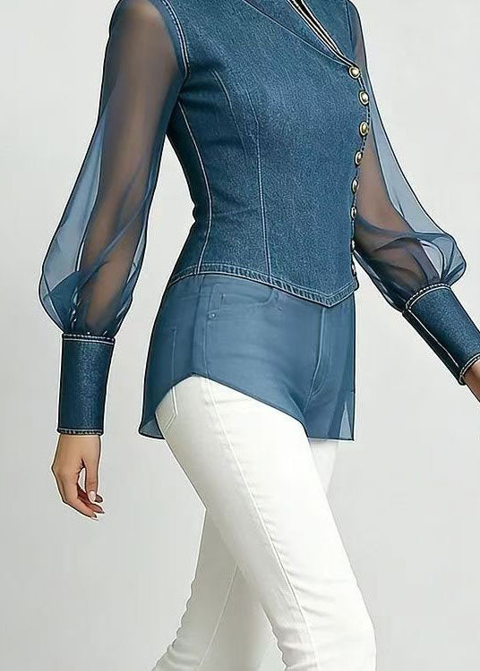 Style Blue Stand Collar Tulle Patchwork Denim Blouse Top Summer
