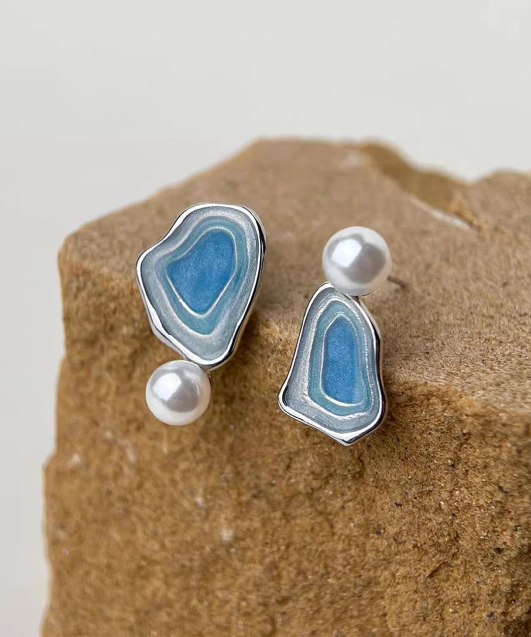 Style Blue Sterling Silver Pearl Drip Glaze Enamel Asymmetrical Stud Earrings