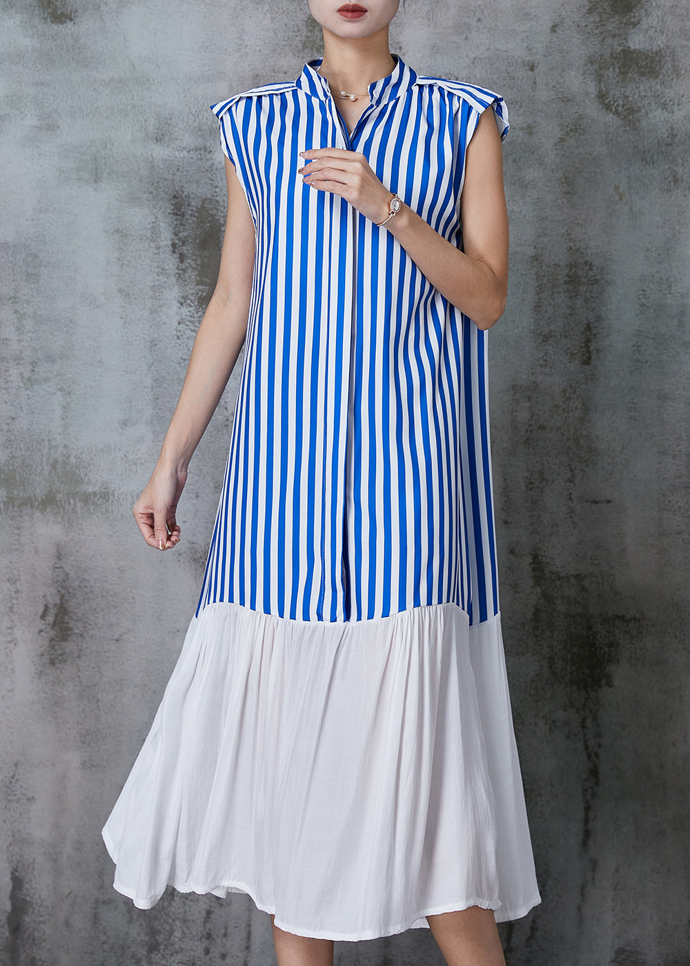 Style Blue Striped Patchwork Cotton Dress Sleeveless