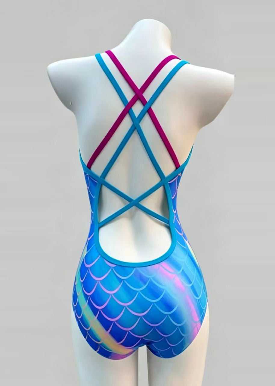 Style Blue Tie Dye Backless Swimwear Bodysuit Tops