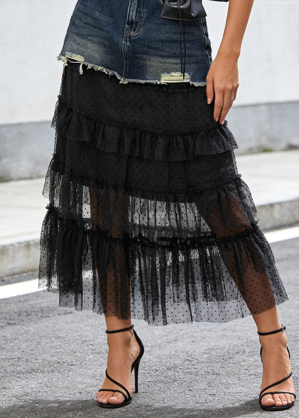 Style Blue Tulle Ruffled Patchwork Denim Skirt Summer - Omychic