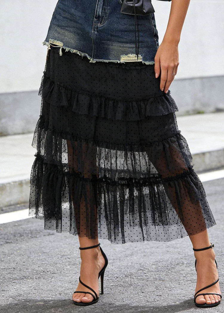 Style Blue Tulle Ruffled Patchwork Denim Skirt Summer - Omychic