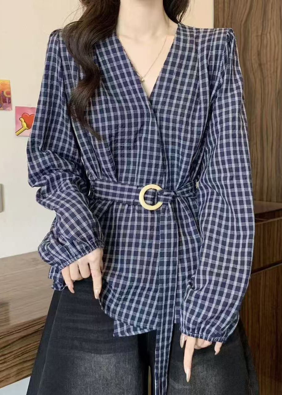 Style Blue V Neck Plaid Lace Up Cotton Shirts Fall
