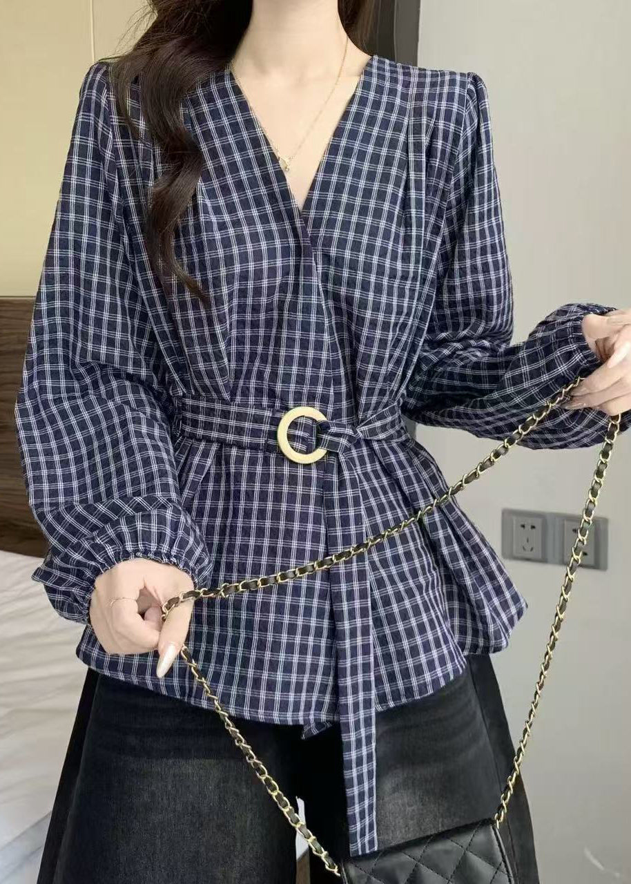 Style Blue V Neck Plaid Lace Up Cotton Shirts Fall